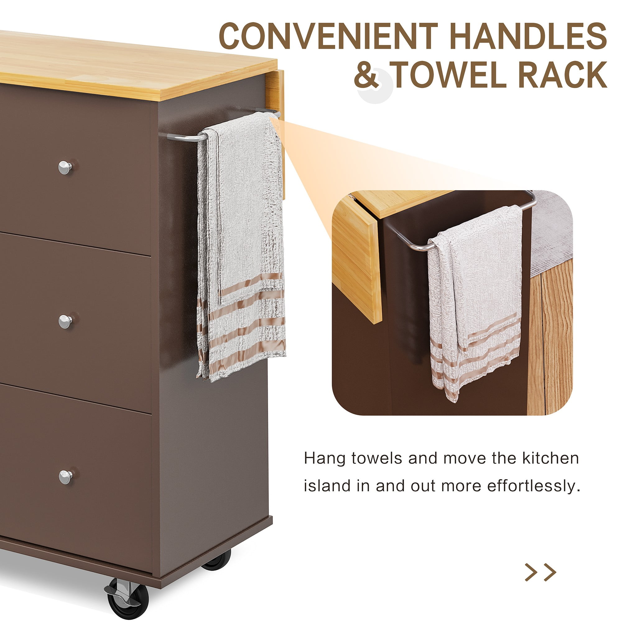 Walsunny 40" Kitchen Islands Carts with Storage Drop Leaf Countertop on Wheels Rolling Microwave Utility Carts with 3 Drawers 1 Storage Cabinets,Brown