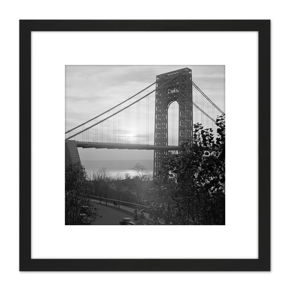 New York George Washington Bridge Hazy Vintage Photo 8X8 Inch Square Wooden Framed Wall Art Print Picture with Mount