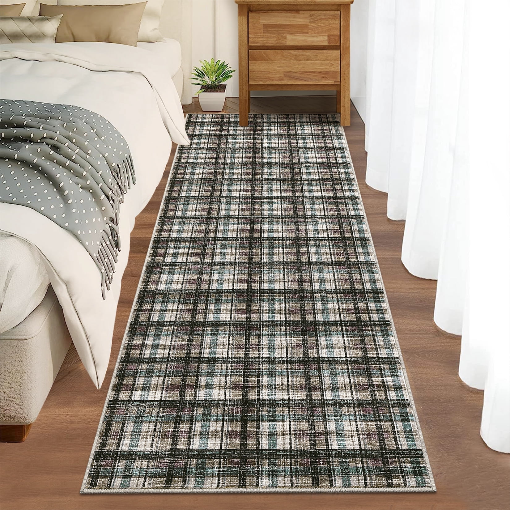 Garvee 2x6 Geometric Striped Runner Rug, Machine Washable Plaid Rugs With Non-Slip Backing Low Pile Stain Resistant Indoor Carpet for Hallway Kitchen Entryway Bathroom, Blue Green