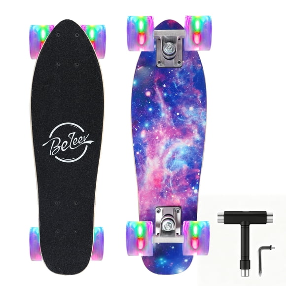 BELEEV Cruiser Skateboards for Beginners, 7 Ply Canadian Maple Double Kick Deck Concave Skateboard with Skate T-Tool, 22 x 6 inch Complete Skateboard for Kids Teens Adults, Purple
