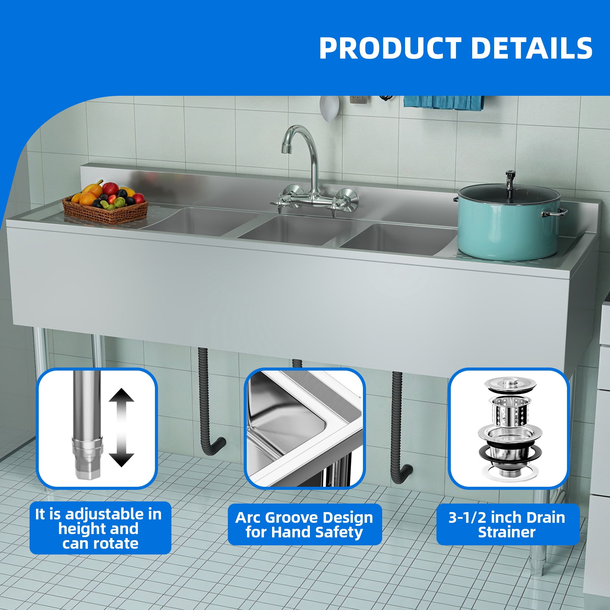Dextrus Kitchen Sink 3 Compartment Stainless Steel Sink with Double&nbsp;Drainboard&nbsp;Commercial Freestanding Sink for Restaurant, Garage, Utility Sink 60" W x 16" D x 32" H