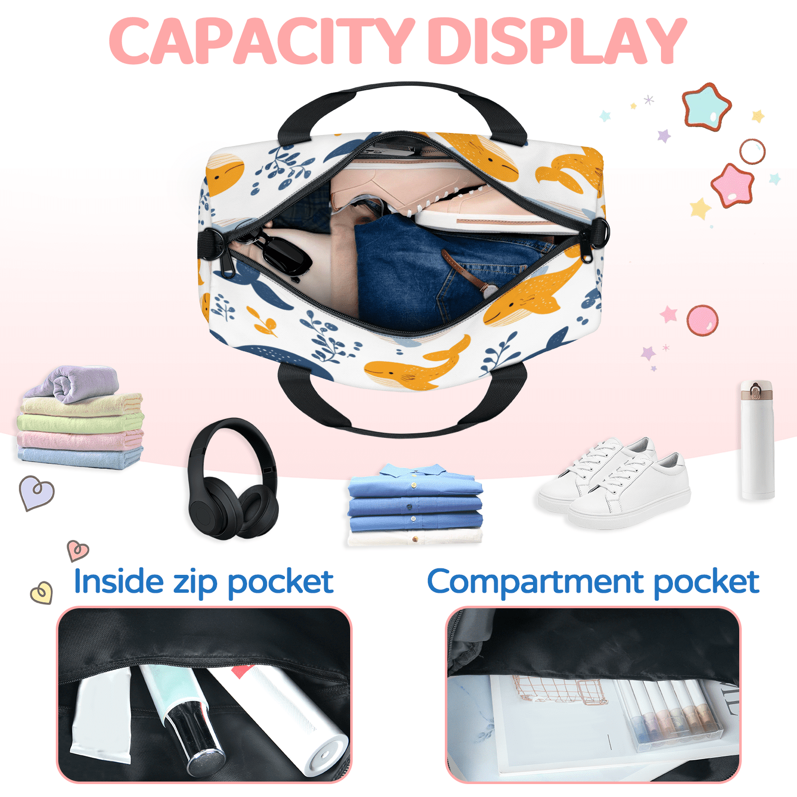 Herdesigns Cute Whale Gym Bag for Women, Duffle Bag for Travel Sport, Funny Ocean Lightweight Waterproof Carry on Weekender Dance Yoga Workout Bags