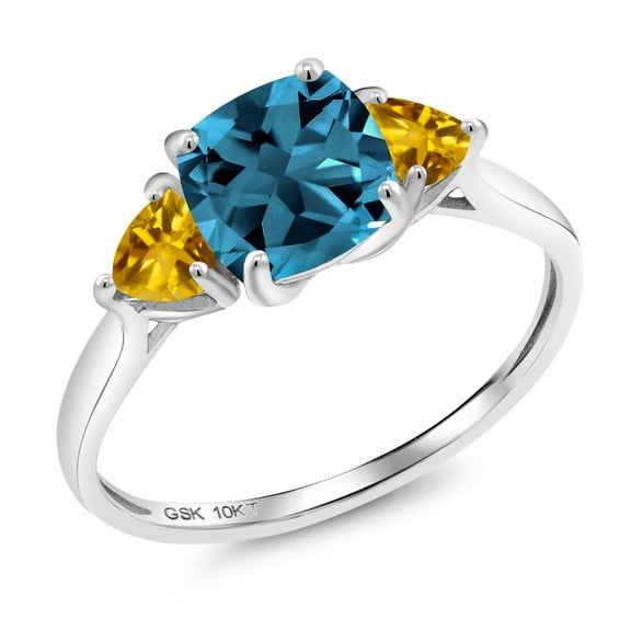 Gem Stone King 10K White Gold London Blue Topaz and Yellow Citrine 3-Stone Engagement Ring for Women (2.25 Cttw, 7MM Cushion and 4MM Trillion, Size 7)