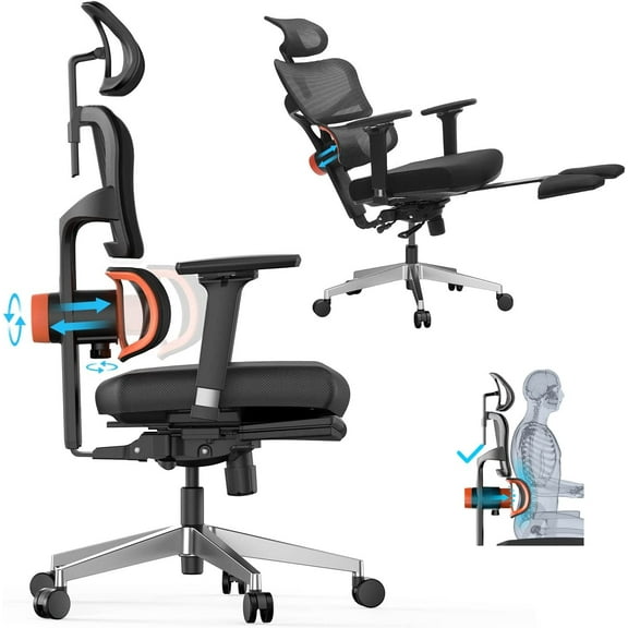 Newtral Ergonomic Office Chair with Footrest- High Back Desk Chair with Unique Adjustable Lumbar Support, Seat Depth Adjustment, Tilt Function, 4D Armrest Recliner Chair for Home Office