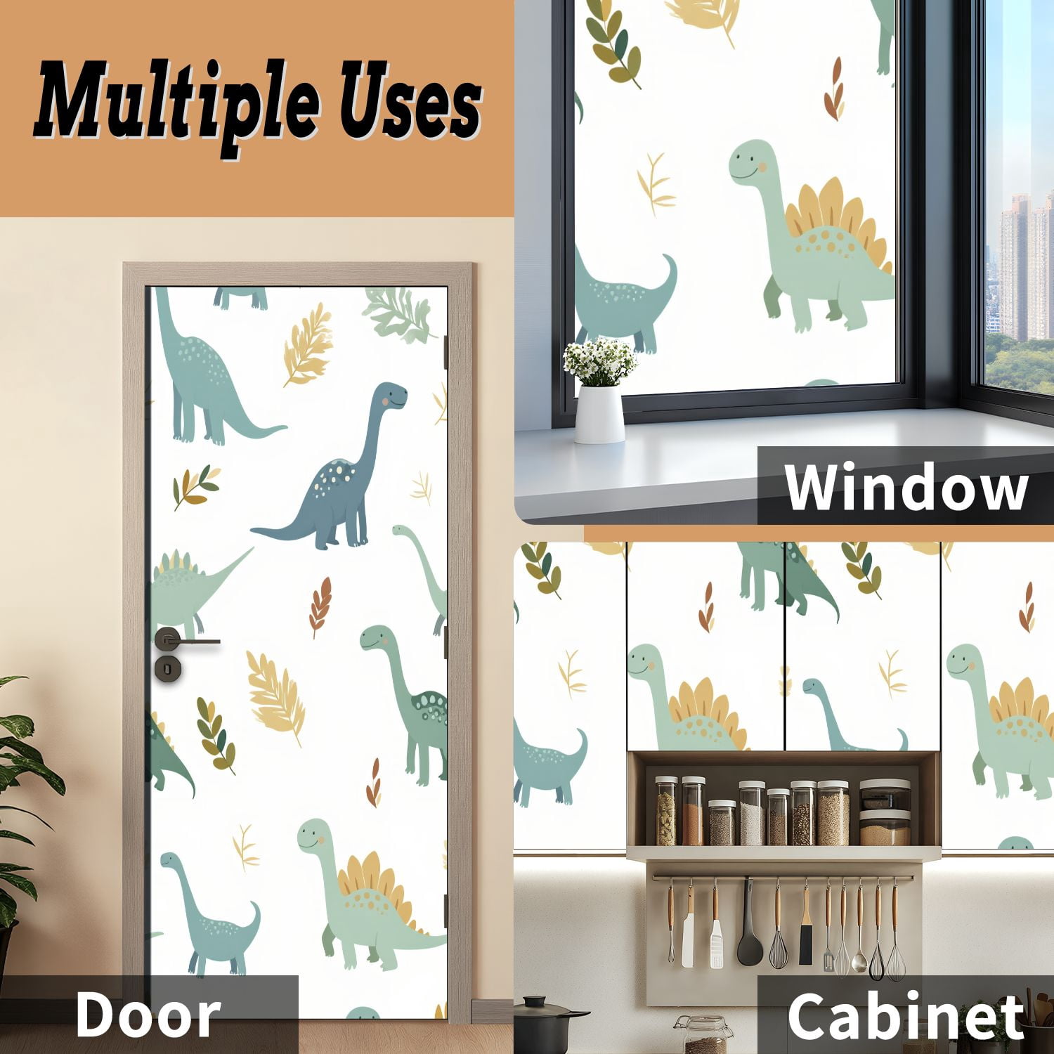 Self Adhesive Vinyl Refrigerator Wrap Set Cute Dinosaurs Foliage Door Mural Removable Fridge Sticker Peel and Stick&nbsp;Full Door Cover Decal Kitchen Bar Decor