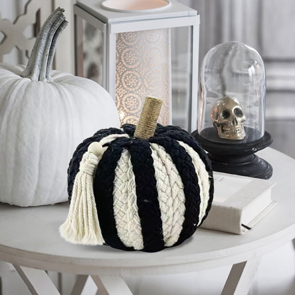 Fall Decor Black & White Striped Braided Cotton Pumpkin with Tassel Farmhouse Faux Harvest Pumpkin Decor Halloween Thanksgiving Tabletop Ornament for Mantel Tiered Tray Indoor Home Decoration