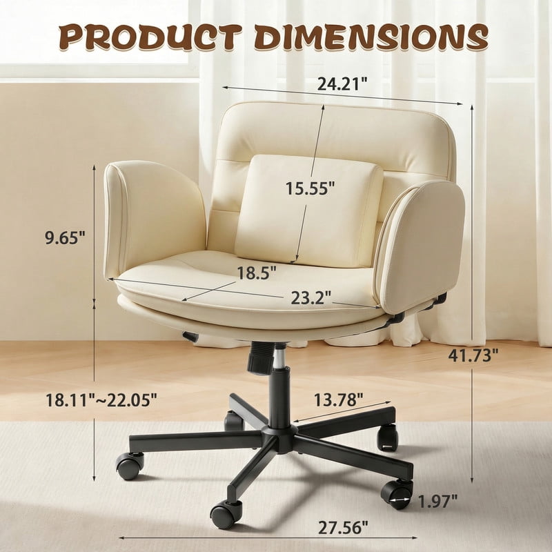 Homall Cross Legged Chair with Armrests and Wheels, PU Leather Vanity Chair, Adjustable Swivel Computer Office Chairs for Home Office, Make Up, Beige