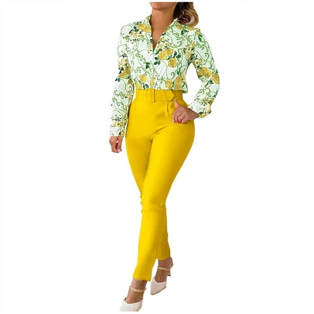 

Oieyuz Matching Sets for Women Business Lapel Button Long Sleeve Shirts Pencil Pants Stylish Printed 2 Piece Suits