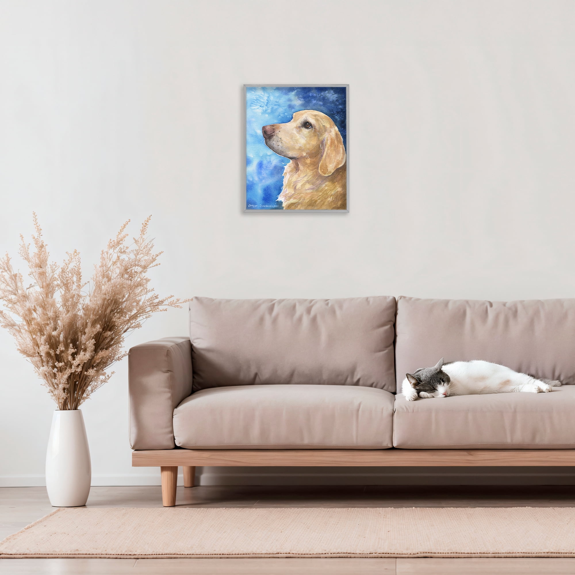 Stupell Industries Golden Retriever Portrait on Azure Gray Framed Giclee Art, design by George Dyachenko