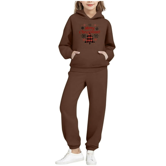 IVEYRTF Boys Girls 2 PC Set Christmas Print Hooded Sweatshirt and Pants Set Long Sleeve Fleece Lined Casual Fall Winter Activewear Outfit for Kids(Brown,7 Years)