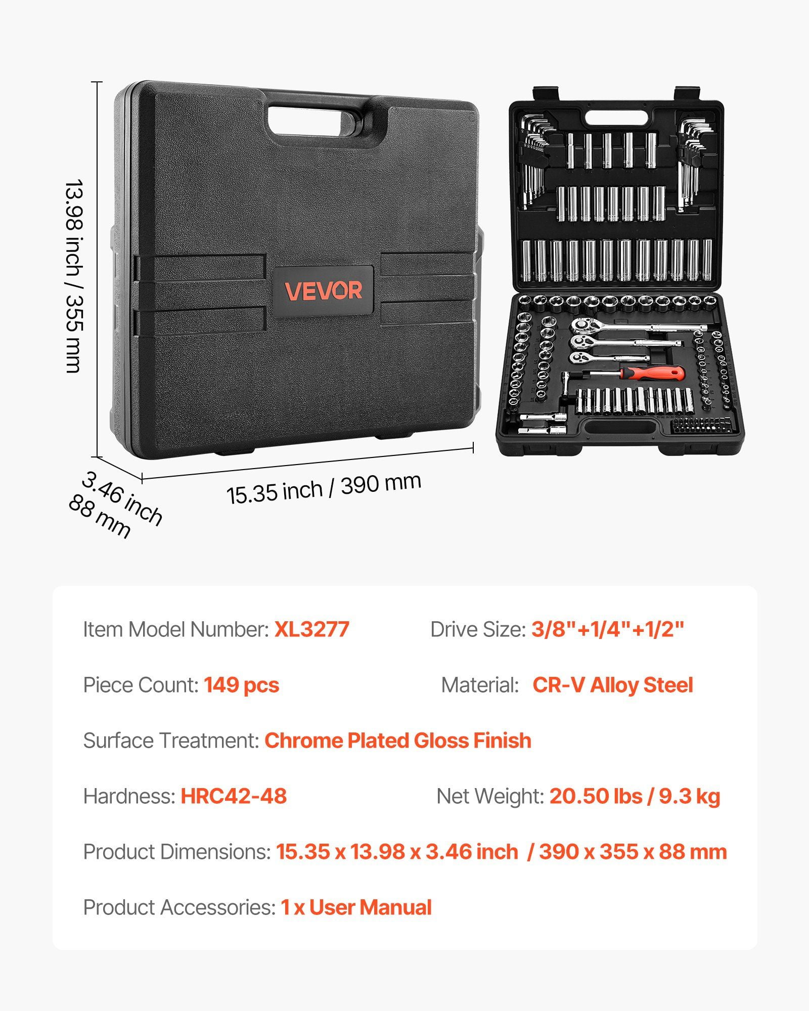 CAFORKP 149-Piece Socket Set with 3/8, 1/4 & 1/2 Inch Drives, SAE/Metric Sockets Deep & Shallow, CR-V Steel Tool Kit with Case