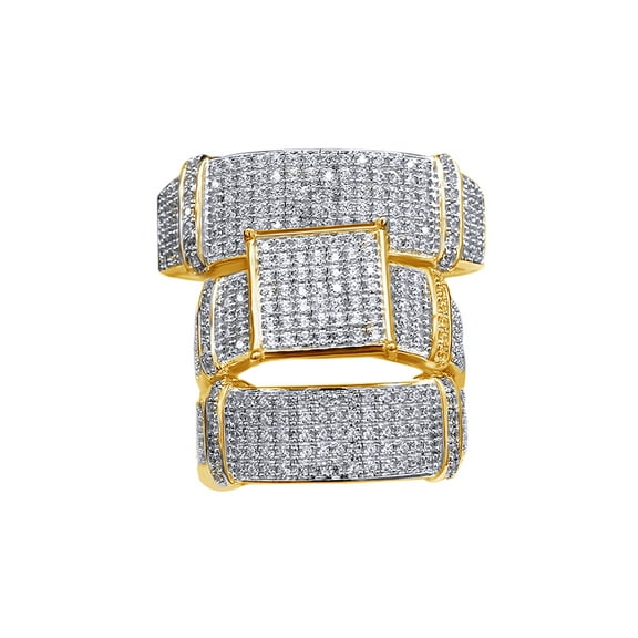 AFFY White Cubic Zirconia Engagement & Wedding Trio Band Ring Set In 14k Yellow Gold Over Sterling Silver (3 Cttw)