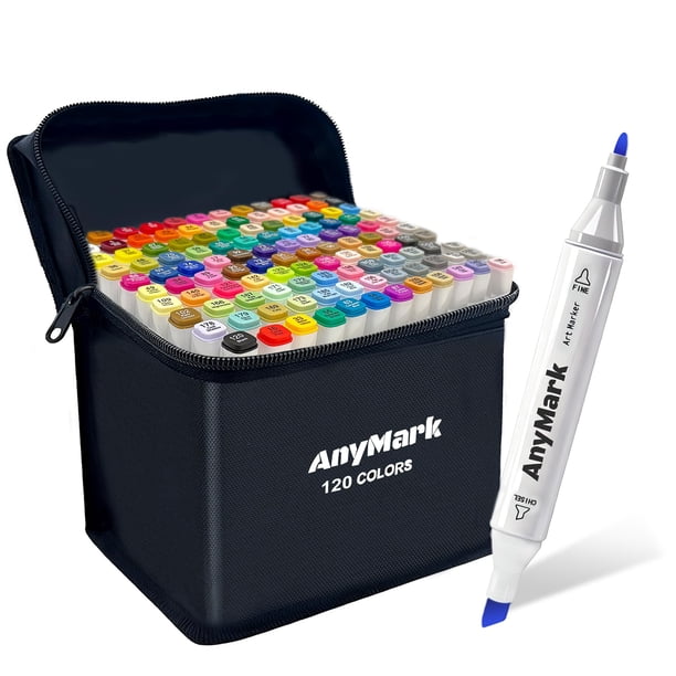 Set de arte con doble punta de alcohol Markers AnyMark, 120 colores, con bolsa