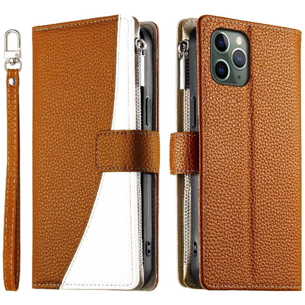 Funda cartera GANGXUN para iPhone 11 Pro , cuero PU con tarjetero, cremallera, correa de mano, soporte y protección 554°