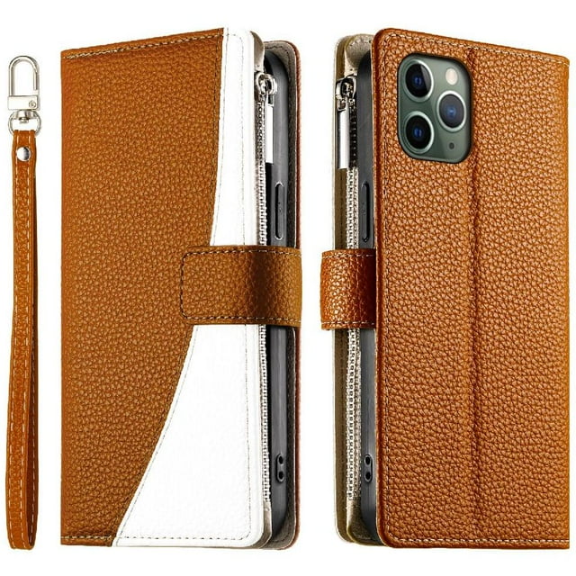 Funda cartera GANGXUN para iPhone 11 Pro , cuero PU con tarjetero, cremallera, correa de mano, soporte y protección 554°