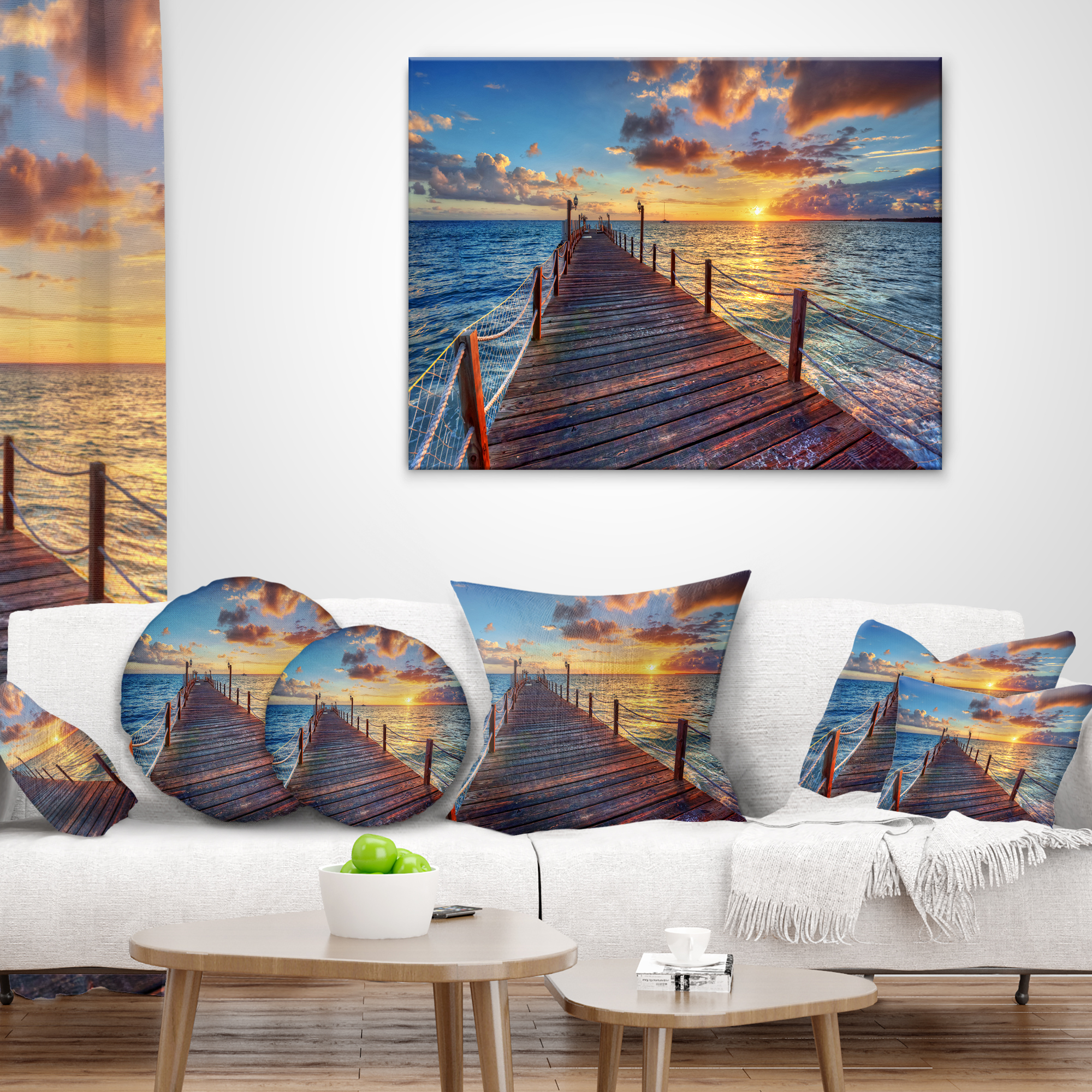 Designart Beautiful Sunset over Sea Pier - Modern Throw Pillow - 18x18
