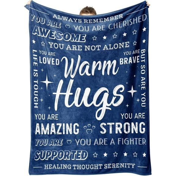Get Well Soon Gifts for Men Women, Warm Hug Blanket with Inspirational Words, Feel Better After Surgery Gifts, Cancer Care Gifts for Women, Comfort Soft Healing Blanket 60"x50", Blue