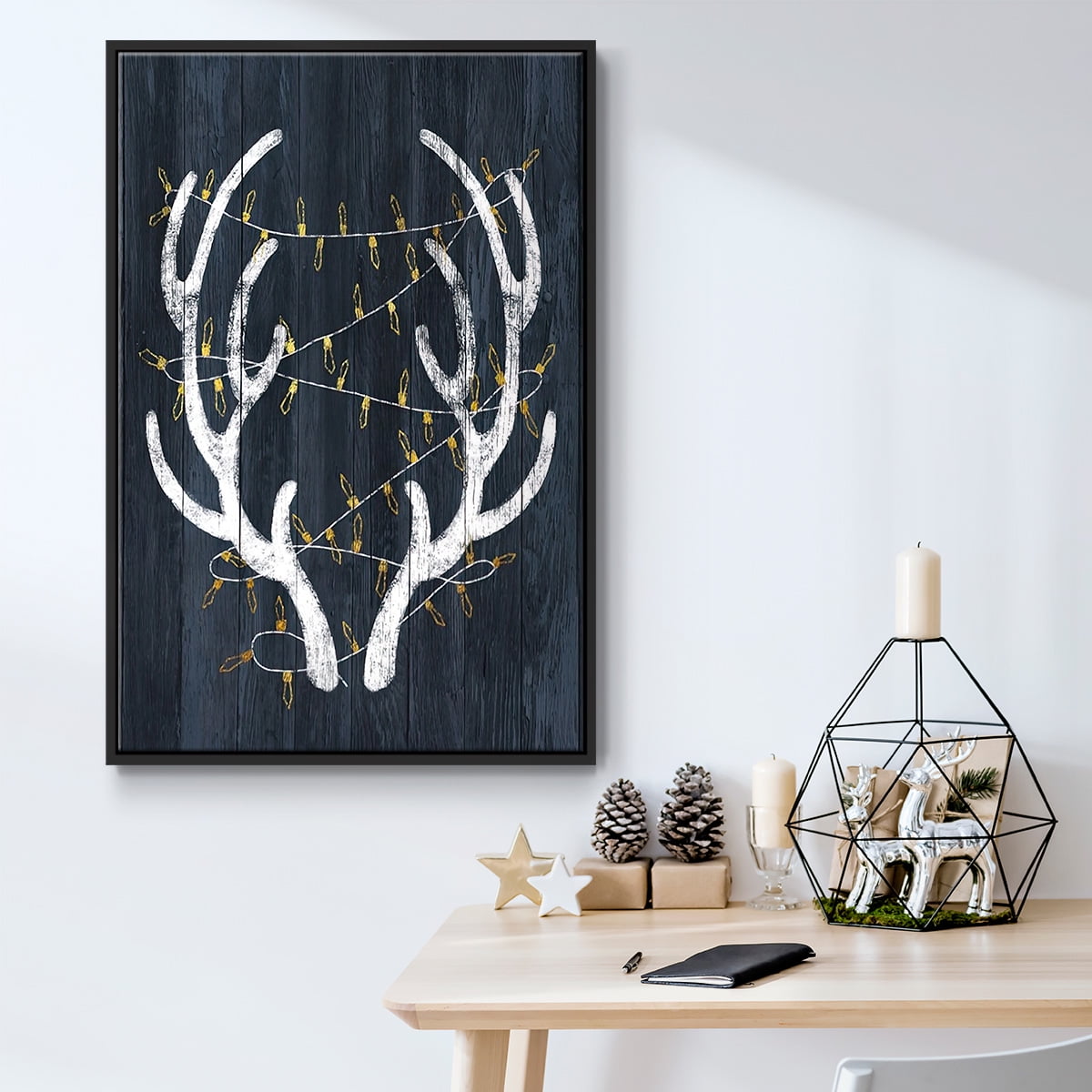 Antlers & Lights - Framed Gallery Wrapped Holiday Canvas - 25 x 37 - Black Frame