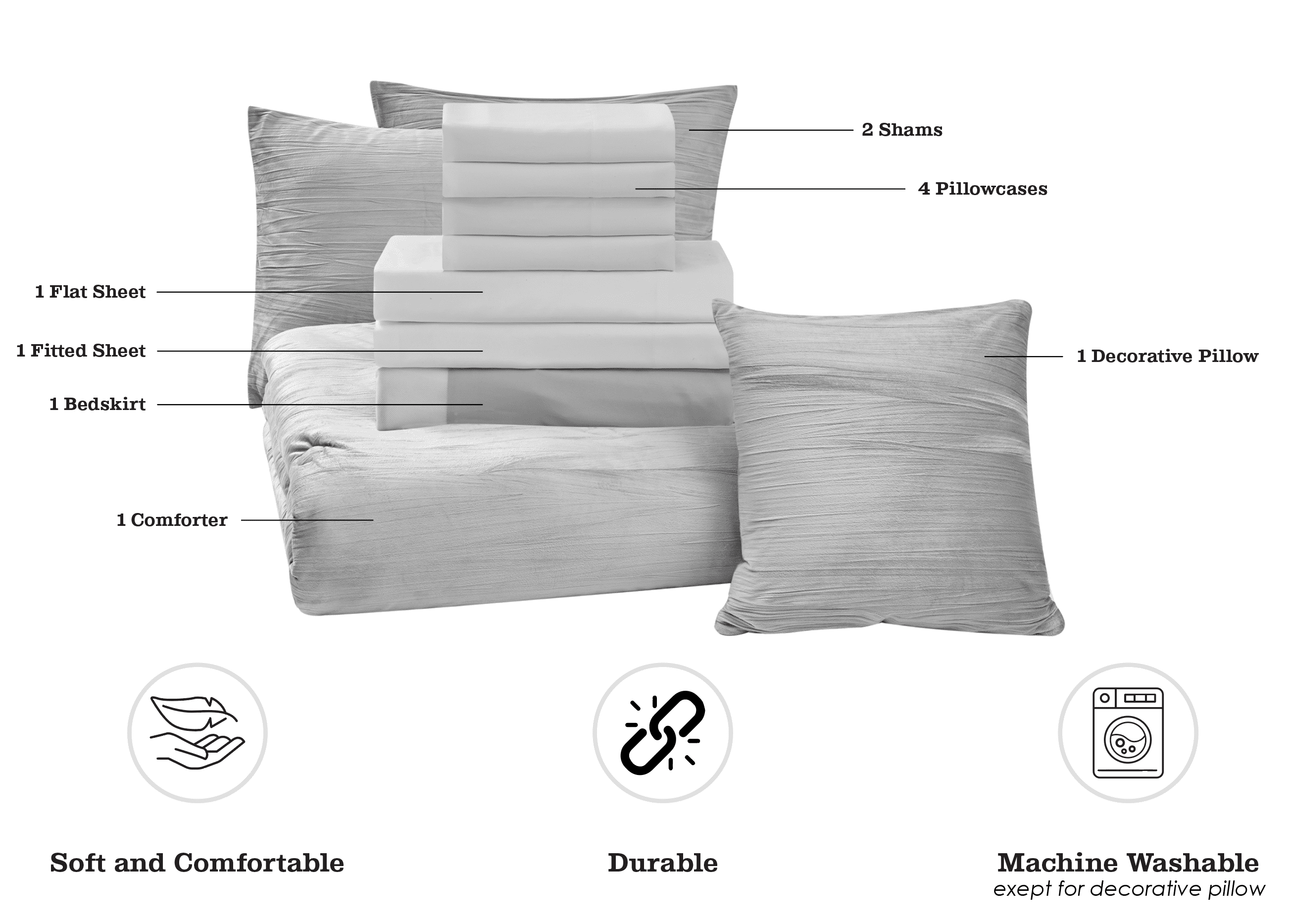 Mainstays 11-Piece Bed in a Bag Comforter Set with Sheets, Gray Crushed Velvet, Full, Unisex