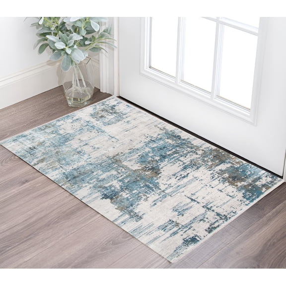 2' X 3' Ivory Blue And Brown Abstract Area Rug With Fringe