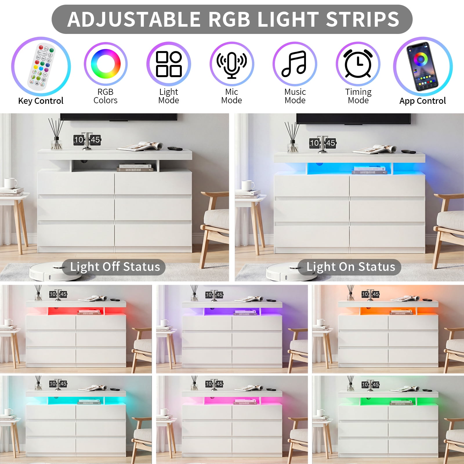 Hommpa White LED 6 Drawers Dresser for Bedroom, Chest of Drawers with Charging Station and LED Lights, TV Stand Tall Dresser for Closet, Wooden Modern Storage Cabinet for Living Room, Entryway