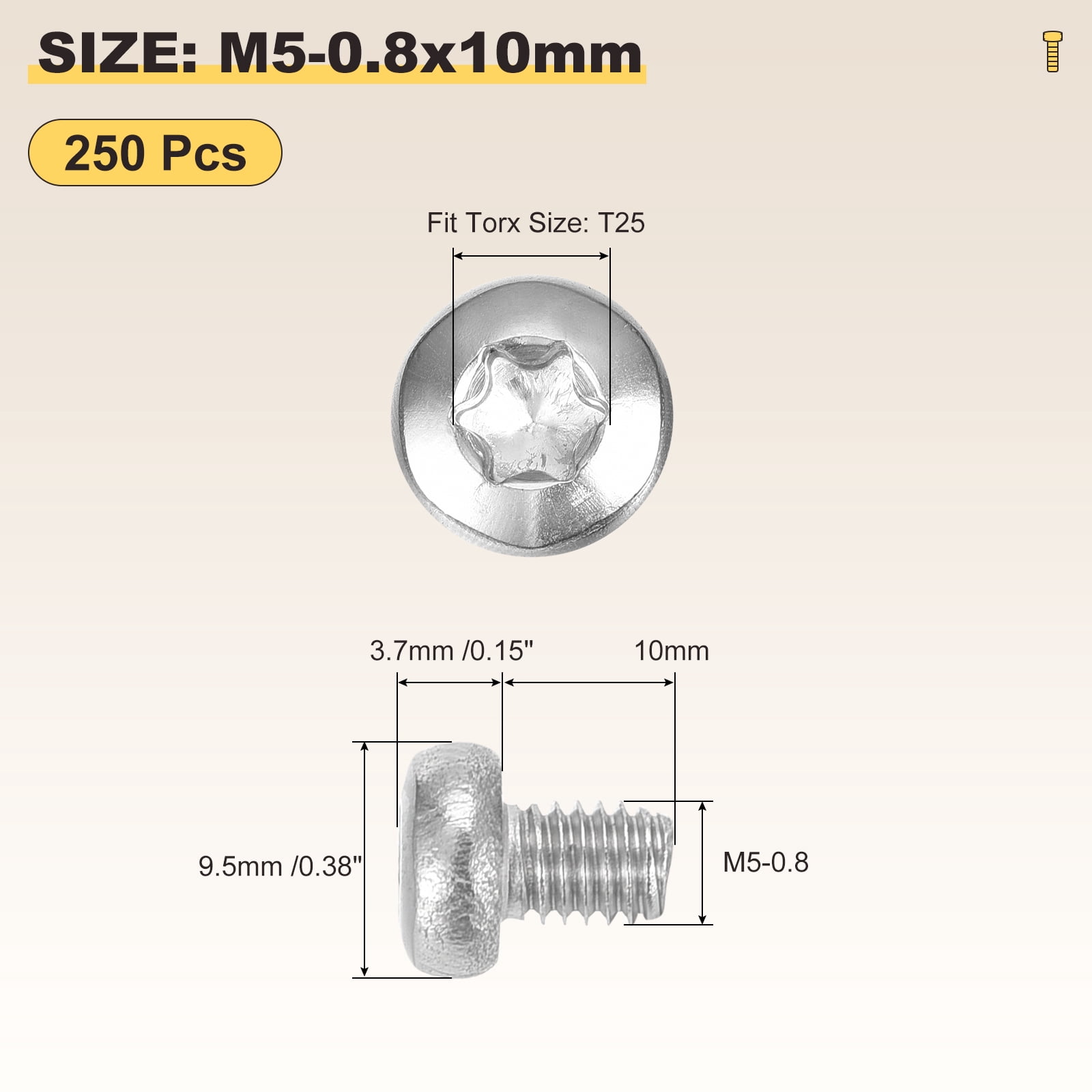 Pan Head Torx Security Screws Bolts (M5-0.8x10mm) 250Pcs, Button Torx Head Machine Screws 304 Stainless Steel - for Furniture Woodworking Project, Silver Tone