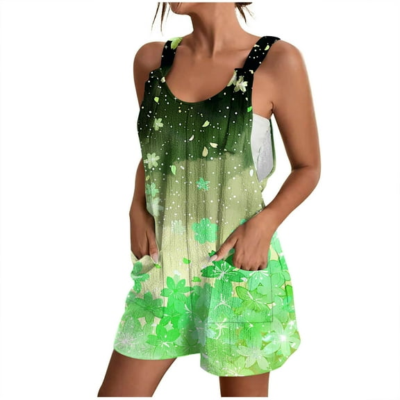 Nrmvnmi Summer Short Rompers for Women 2024 Casual Loose Sleeveless Floral Tie Knot Strap Jumpsuits Wide Leg Overalls with Pockets Green 2XLMothers Day Gifts