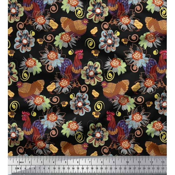Soimoi Cotton Duck Fabric Floral,Cock & Hen Bird Print Fabric by The Yard 42 Inch Wide