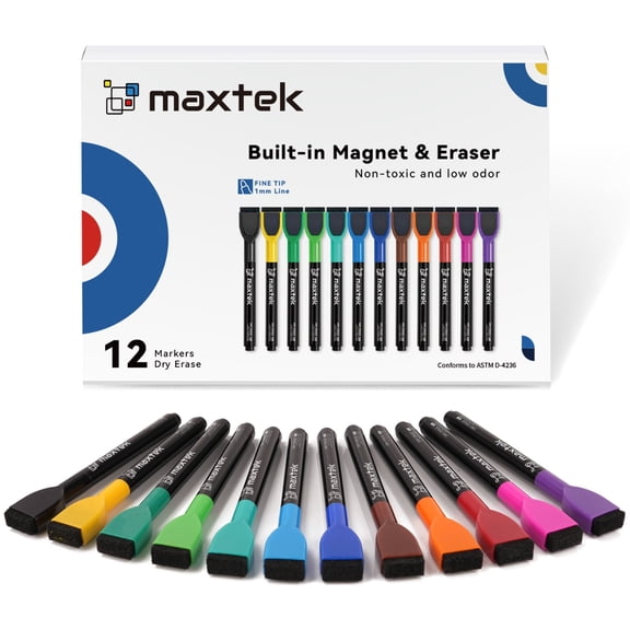 Maxtek Magnetic Dry Erase Markers with Eraser,Fine Tip,Assorted Colors,12 Count,1-2mm Fine Point Whiteboard Marker for Office Supplies,Calendar Boards