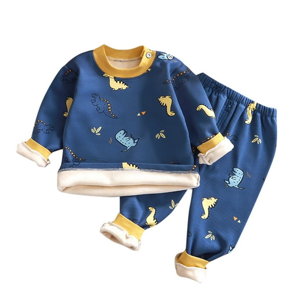 CYRBOKO Baby Boys Thermal Sets, Long Sleeve Cotton Elastic Waist Winter Underwear sets Blue Size 9-12 Months