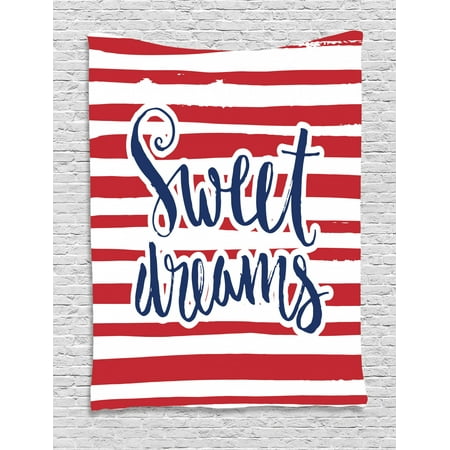 Navy Blue And White Decor Sweet Dreams Tapestry, Vintage Striped Background with Positive Message Nautical Design, Wall Hanging for Bedroom Living Room Dorm Decor, 40W X 60L Inches, Red Navy Blue and White, by Ambesonne ()