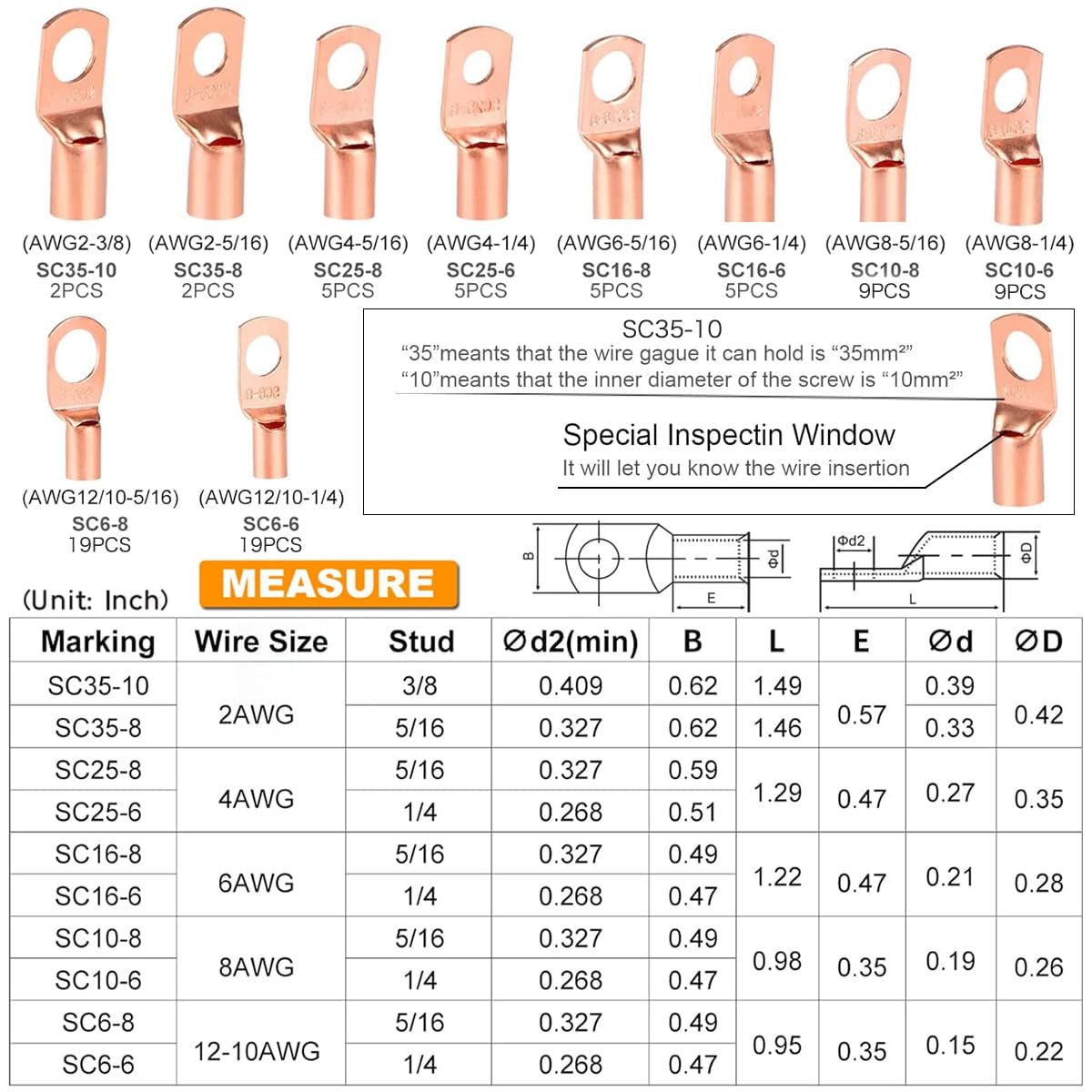 160-Piece Ring Terminal Kit - Battery Terminal Connectors, 2/4/6/8/10/12 AWG with Heat Shrink Set,  Tinned Copper Lugs with Heat Shrink Tubing for Solar/Marine/Auto