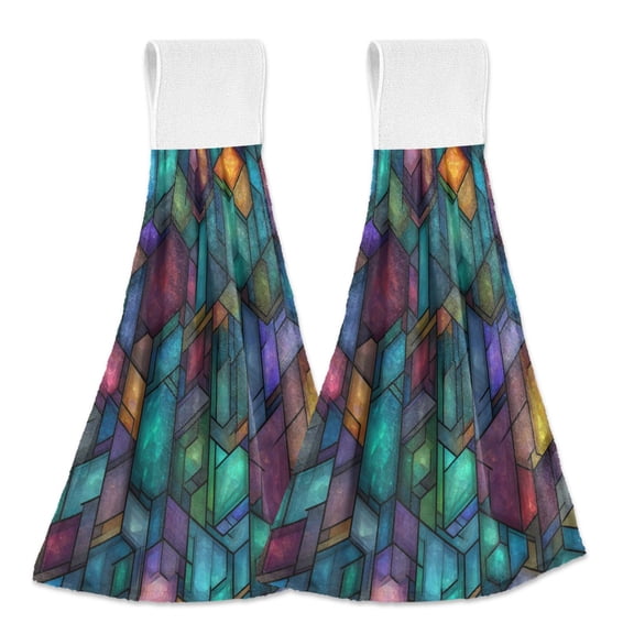 Yayeee Kitchen Hanging Hand Towels Set of 2 with Loop Bathroom Absorbent Tie Towel, Stained Glass Pattern