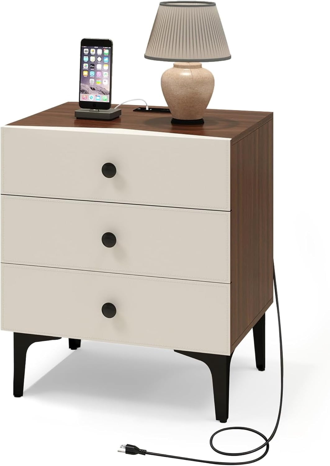 Nightstand with Charging Station, 3 Drawer Wood Bedside Table with Leather-Style Fronts |USB & Type-C + AC Outlet Modern Storage End Table for Bedroom Living Room