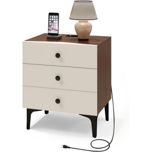 Nightstand with Charging Station, 3 Drawer Wood Bedside Table with Leather-Style Fronts |USB & Type-C + AC Outlet Modern Storage End Table for Bedroom Living Room
