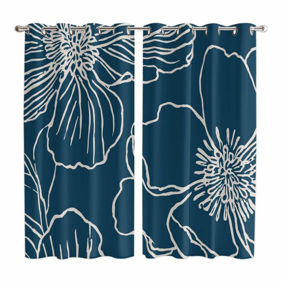 Teal Flowers Kitchen Curtains Window Panels, Spring Floral Botanical Modern Art Insulated Window Treatment Curtain, Grommet Curtains for Bedroom/Living Room/Bathroom, 2 Piece 52"Wx84"L