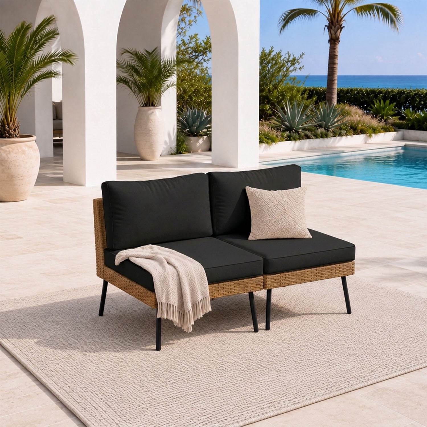 BaPiPro Outdoor PE Rattan 2-Seat Leisure Chair with Removable 4" High Density Cushions, Suitable for Backyard, Garden, Courtyard, Black