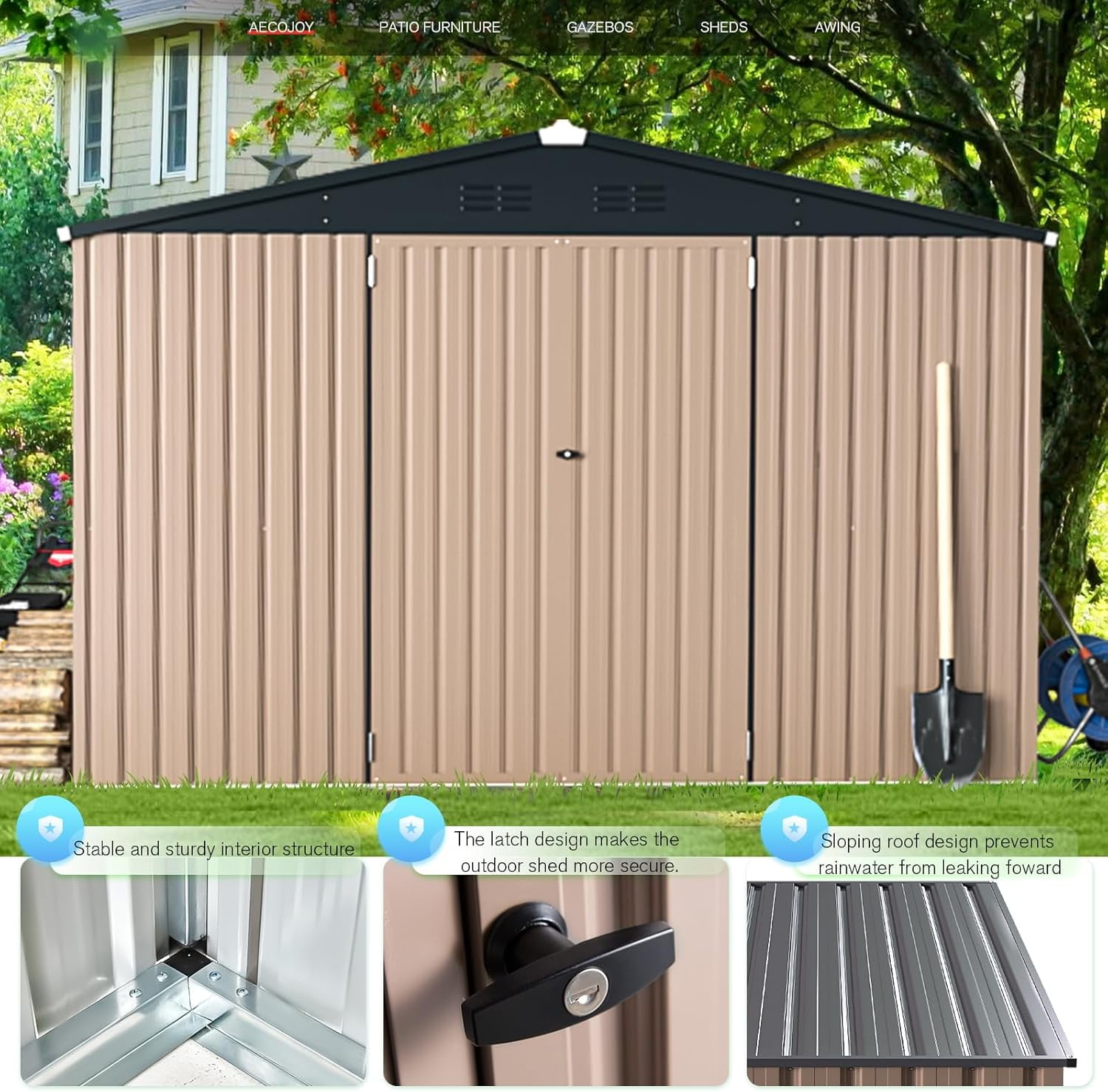 YODOLLA 10 x 10 ft. Outdoor Metal Storage Shed with Sliding Roof & Lockable Door in Brown for Patio, Garden& Backyard