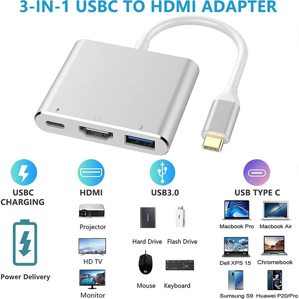 USB-C to HDMI Adapter Type-C 3 in 1 Converter Cable Thumderbolt 3 to HDMI 4K Video Converter USB 3.0 Hub Port PD Quick Charging Port with Large Projection