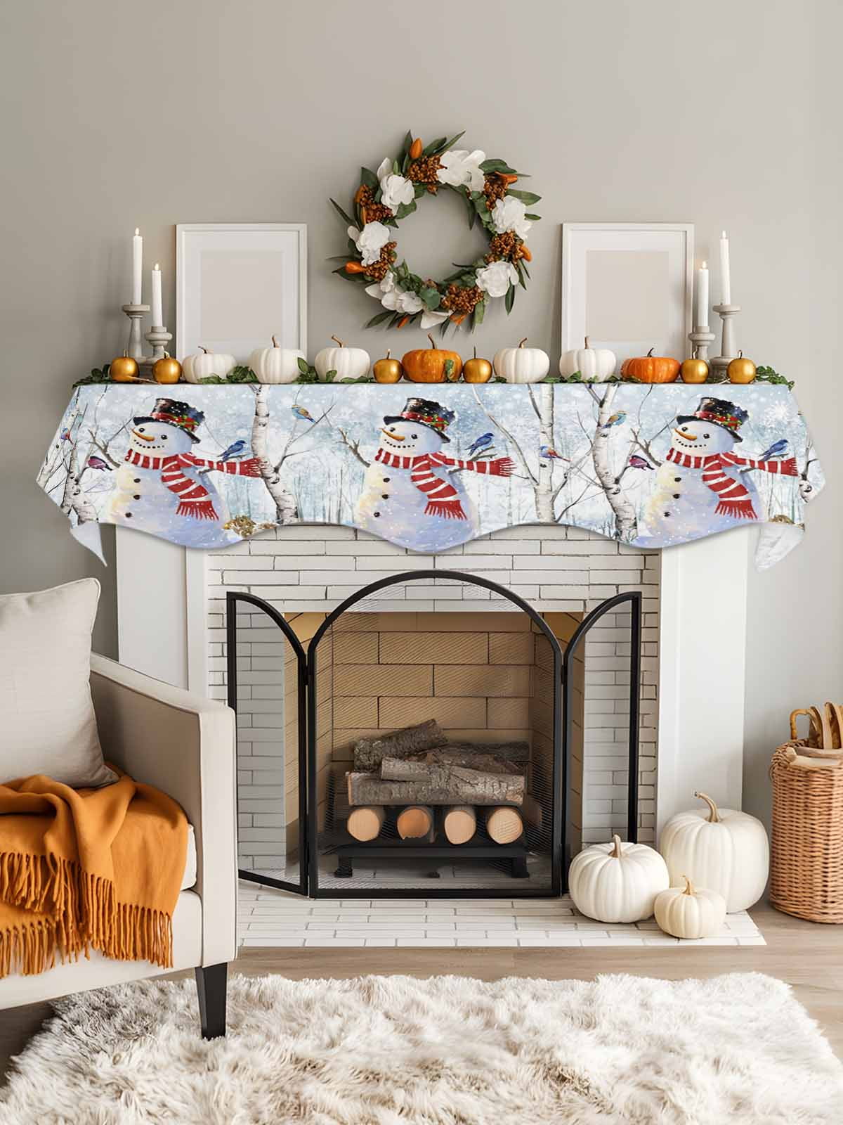 Christmas Snowman Fireplace Mantle Scarf Winter Forster Squirrels Xmas Bird Snowfall Mantel Cover Runner Fireplace Cloth for Holiday Party Home Living Room Decor 70 x 17 Inch