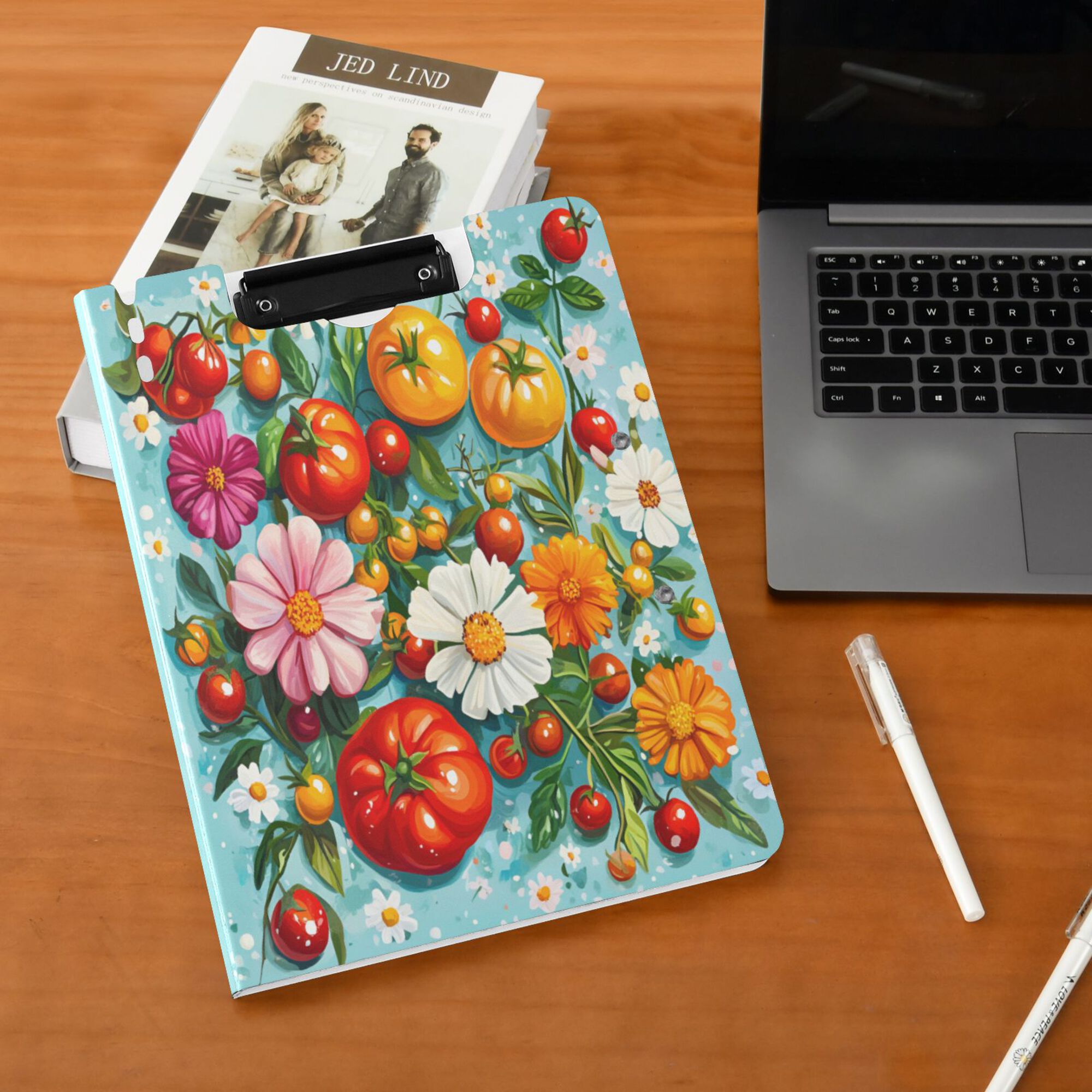 FORMRS A4 Clipboard Folder with Pen Holder Horizontal Foldable School Office Binder, Pink Floral Tomatoes