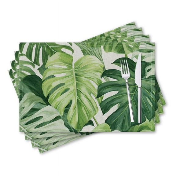 BaHomeck placemats Set of 4 rectangle Linen Cotton Placemats for Dining Table Washable Heat Resistant,18*12inch,Vibrant Green Monstera Leaves In Watercolor On White Background