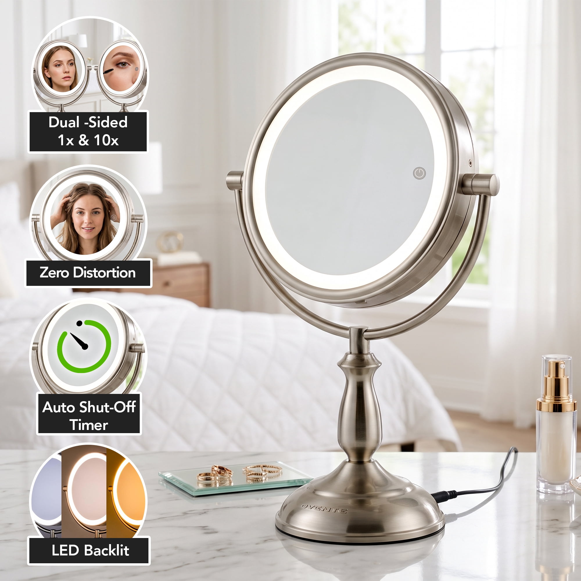 OVENTE 7.5" Lighted Tabletop Vanity Makeup Mirror, 1X & 10X Magnifier, Spinning Double Sided Round LED, 3 Tone Smart Touch, Auto Shut off Timer, Battery & AC Plug Powered, Nickel Brushed MPT75BR1X10X