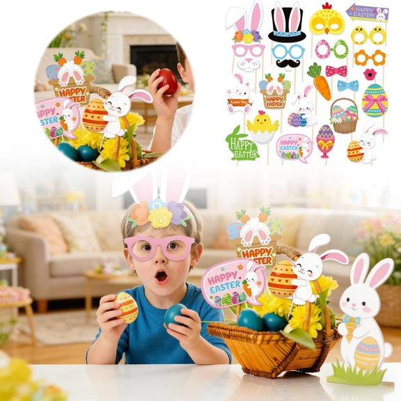 25 PCS Easter Photo Booth Props,25 Pcs Happy Easter Photo Props for Photoshoot, Egg Bunny Selfie Photobooth Props, Spring Photography for Easter Party Decorations, Little DIY Home Decor