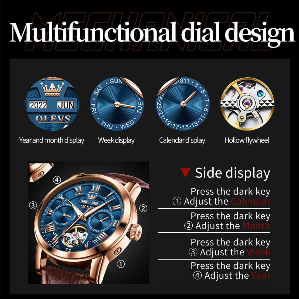 OLEVS Automatic Watches for Men Self Winding Mechanical Skeleton Flywheel Multifunction Luxury Dress Roma Rumerals Calendar Waterproof Luminous Men Wrist Watches Leather