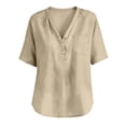 thumbnail image 6 of LIZUOJUN Women's Mid sleeve T-shirt Casual Button Down Washed Cotton LinenMiddle Length Sleeve Tops Casual Button Round Neck Loose Summer Top T Shirt,Beige L, 6 of 6