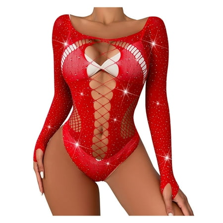 

TFDZ Sexy Lingerie Tops Women s Lingerie Fashion Women s Hot Diamond Shiny Sexy Lingeries Long Sleeve Solid Bodystocking Lingerie Red