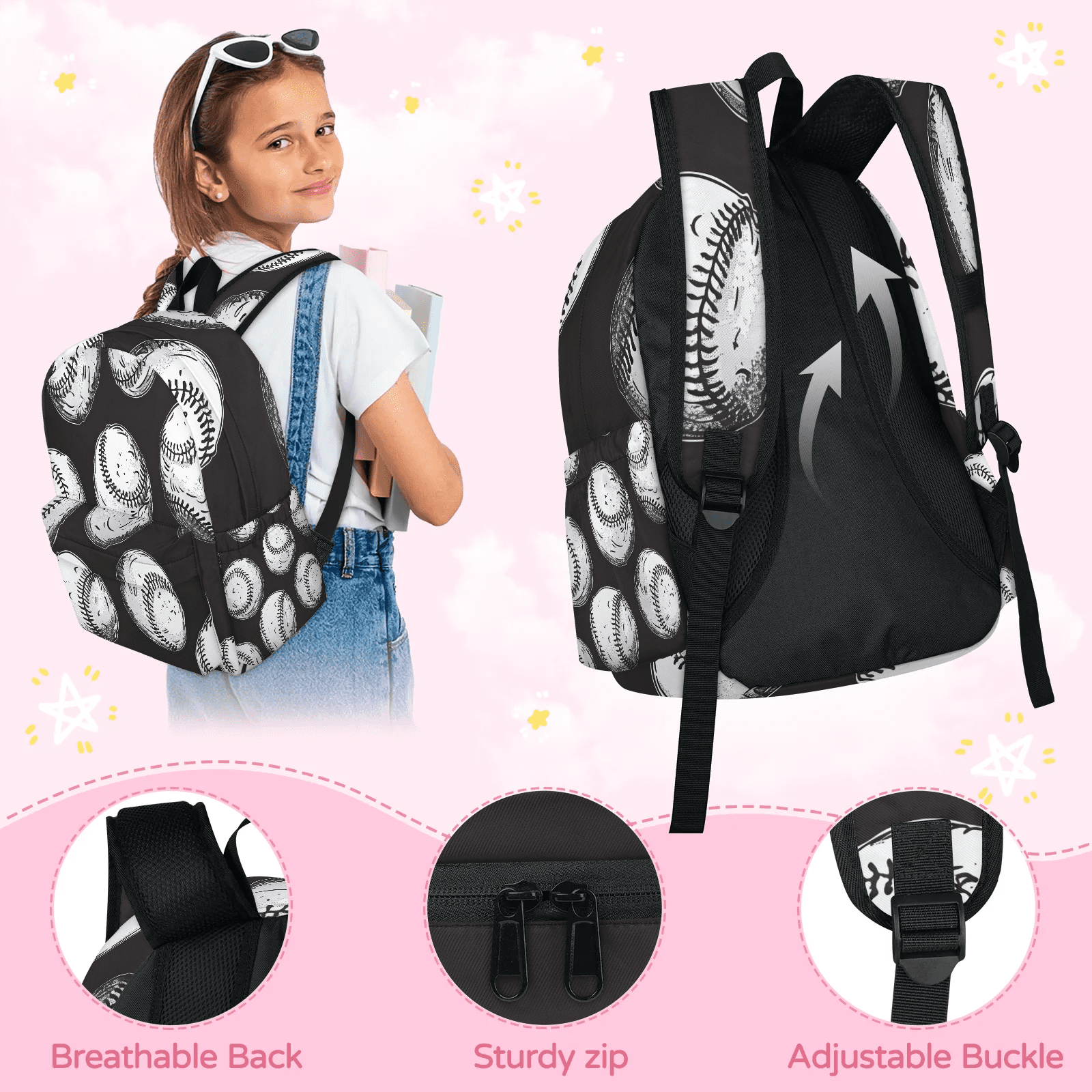Herdesigns Baseball Backpack for Men Women, Lightweight Laptop Backpack 16.3 Inch American Sports Casual Daypack for Travel Work Commuter