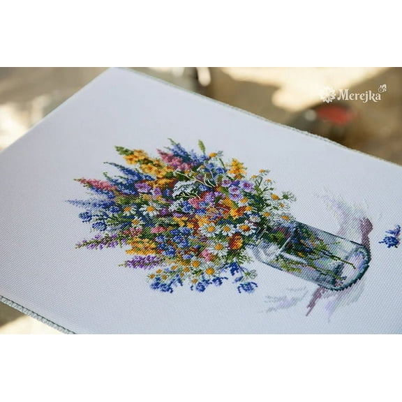 Thistle Bouquet, Merejka Counted Cross-Stitch Kit, Canvas & DMC Threads, 34 Pieces