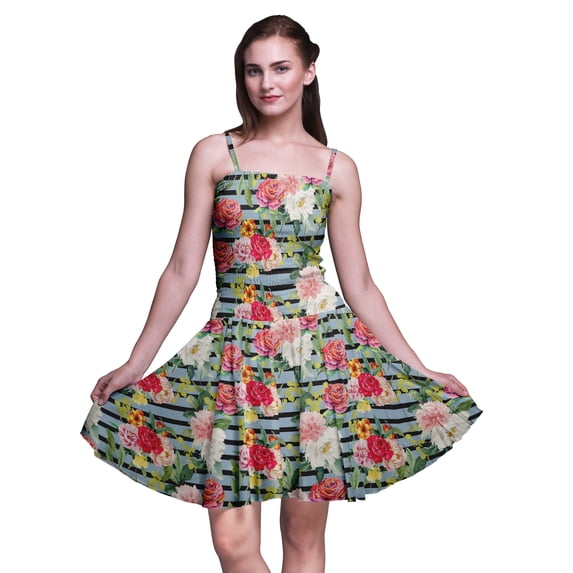 Bimba Floral Printed Women Smocked Waist Top Spaghetti Strap Mini Sun Dress-X-Large